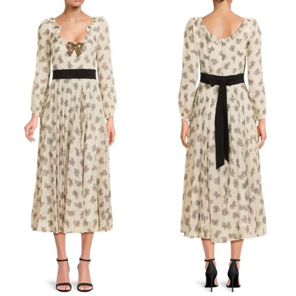 NWOT Saloni Denise Bow Print Silk Midi Dress Cream & Black Women's Size 2 - Picture 1 of 15